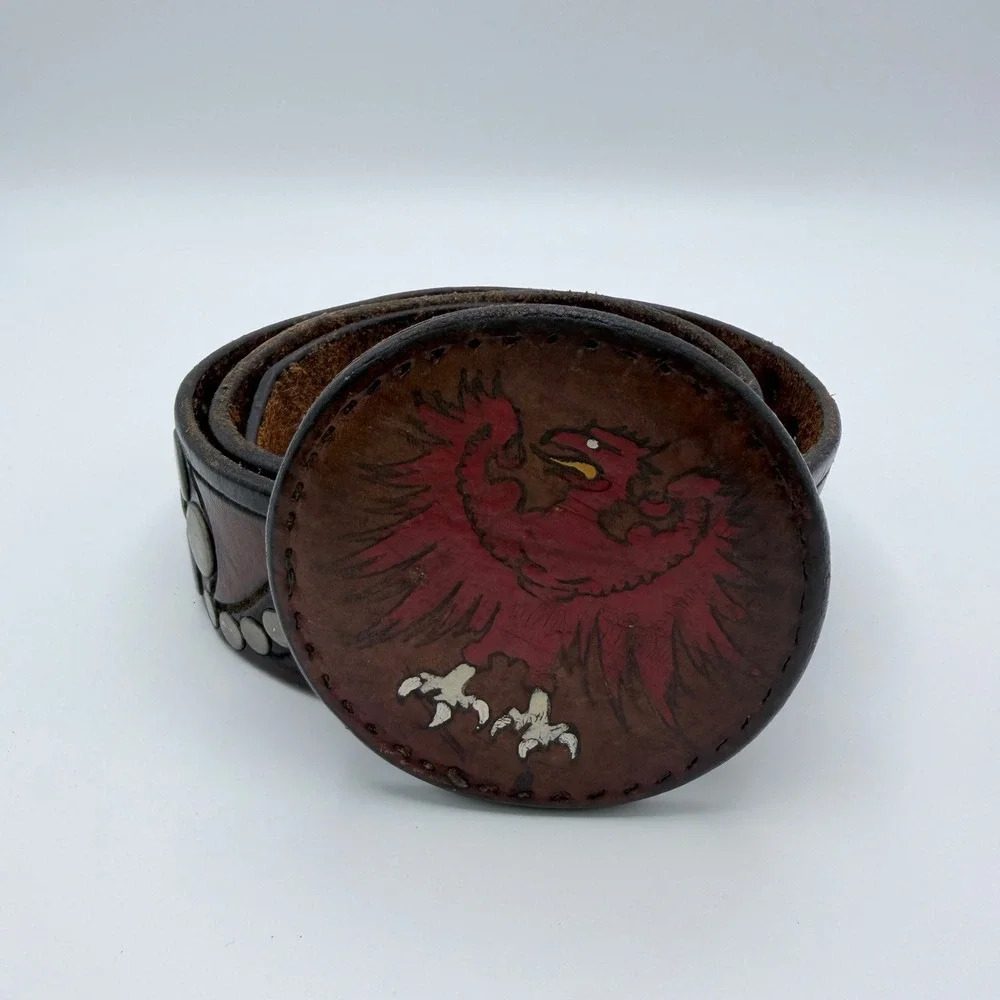 Vintage 1974 Handmade Studded Leather Belt Hand Painted Eagle Buckle Brown